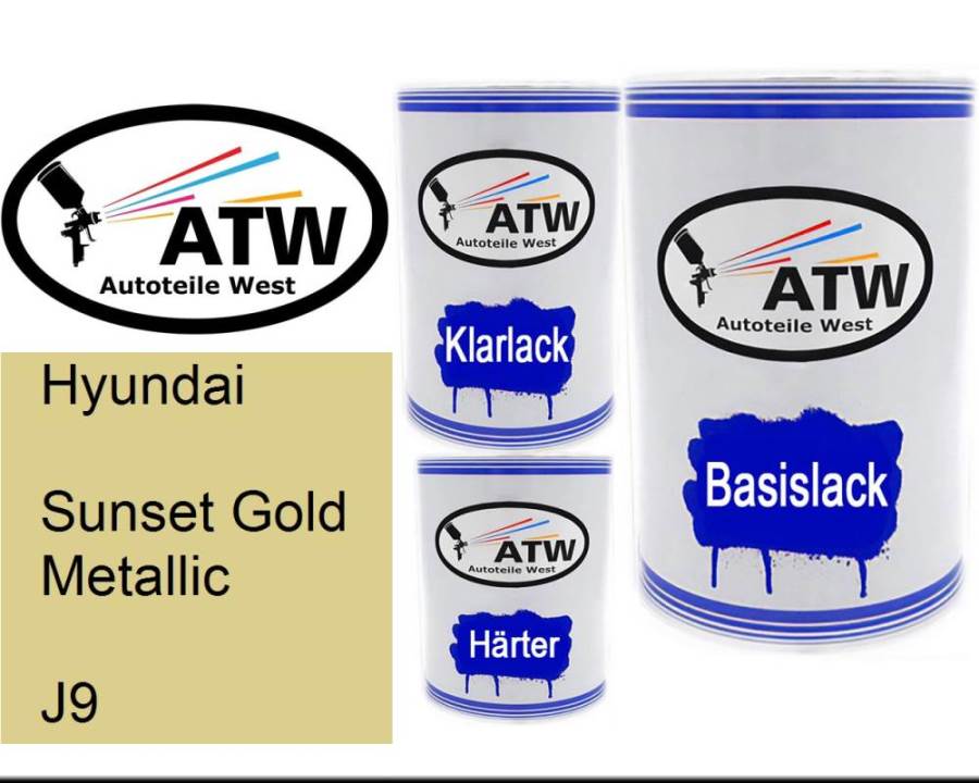 Hyundai, Sunset Gold Metallic, J9: 500ml Lackdose + 500ml Klarlack + 250ml Härter - Set, von ATW Autoteile West.